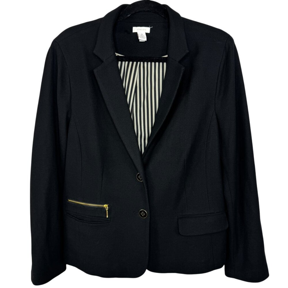 Chico's Black Gold Zip-Pocket Stretch Blazer - Striped Lining Large